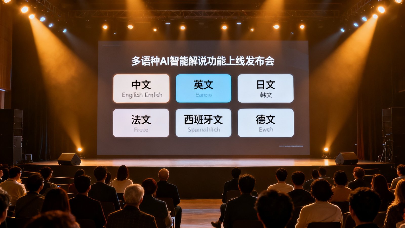 多语种AI智能解说功能上线发布会的现场照片，大屏幕展示着7种语言选项界面
