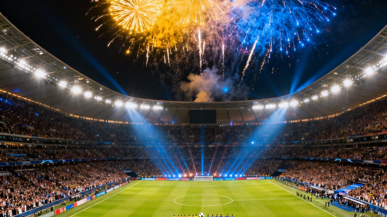 欧冠决赛夜万人 stadium 全景，烟花在夜空绽放，球员在中圈列队准备开球，草皮上灯光璀璨如昼